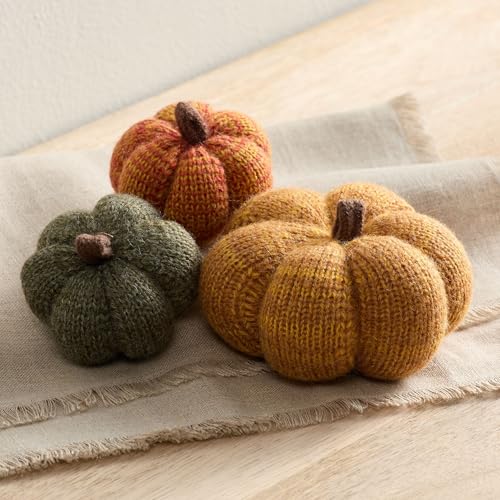 Image of Set of 3 Cozy Mini Knit Pumpkins (Marigold Multi-Size Set) | Warm Green Gold, Fall Tabletop Decor, Soft Autumn Home Accents, Thanksgiving Table Setting