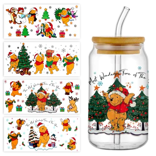 4Sheets Christmas Cartoon UV DTF Cup Wrap Transfer Stickers for 16oz Glass Cups Rub on Transfers for Crafts Cup Decal Stickers (B)