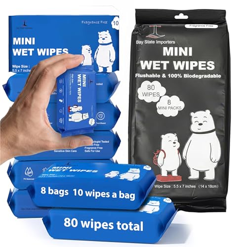 Image of Mini Flushable Wipes Travel Size - 80 Biodegradable Disposable Wet Wipes - Compact Travel Flushable Wipes for Purse, Backpack, and Airplane Travel - Wipes (8 Packs of 10)