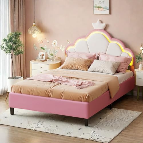 LIVLUX Lit Rembourré 90 x 200 cm,lit Princesse avec tête de lit LED réglable et sommier à Lattes, lit Fille, Design Forme Couronne pour Enfants et Adolescents(Rose,...