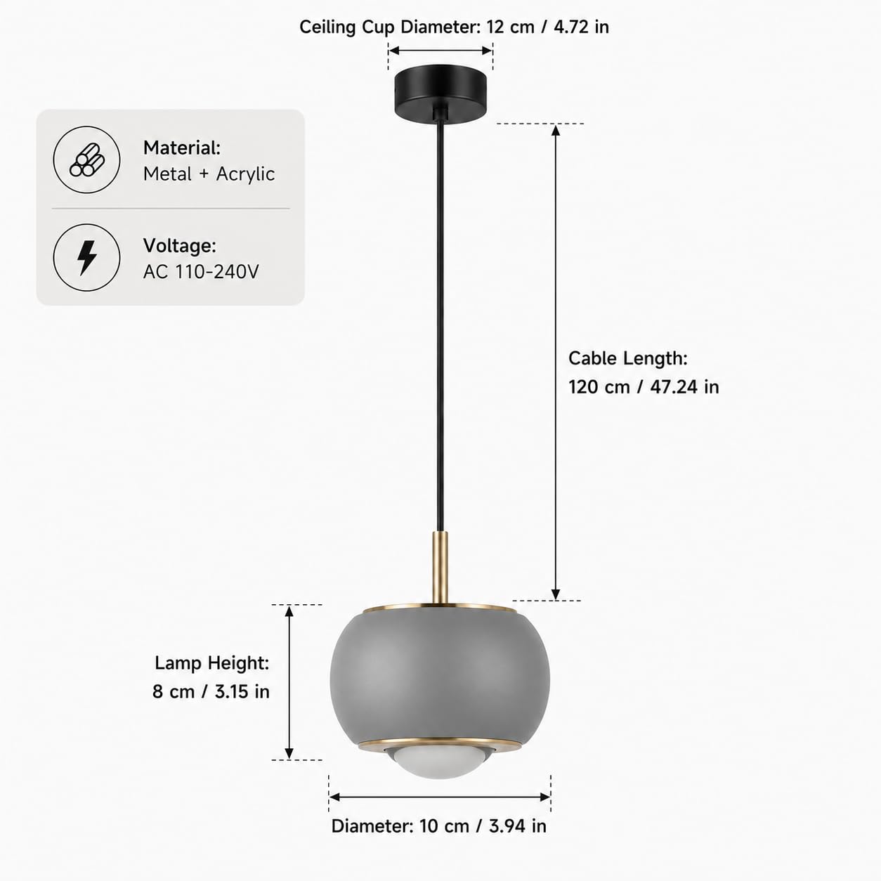 Nowoczesna metalowa lampa wisząca z kloszem kuli i miękkim dyfuzorem