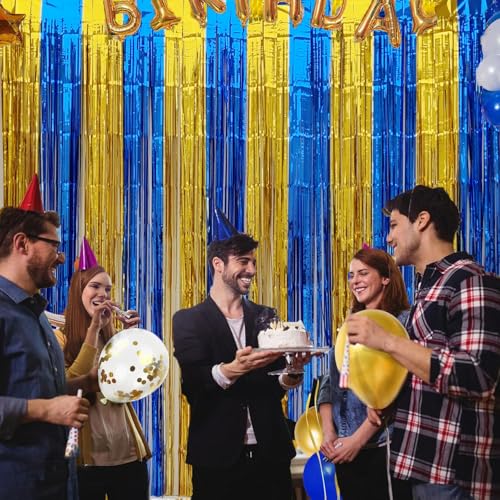 Image of Graduation Party Decoration 2 Pack 3.2x6.6 ft Blue Gold Metallic Tinsel Foil Fringe Streamers Curtain Photo Booth Background for Graduation Prom Wedding Birthday Party Decorations