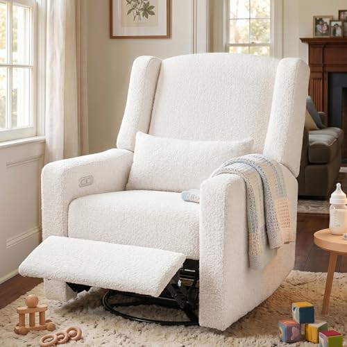 Image of Power Nursery Recliner Rocking Chair with Waist Pillow, Comfy Teddy Farbric, High Back & Lumbar Support Swivel Gilder Recliner for Adults, Living Room, Rocking Chair Nursery USB Charging, Beige