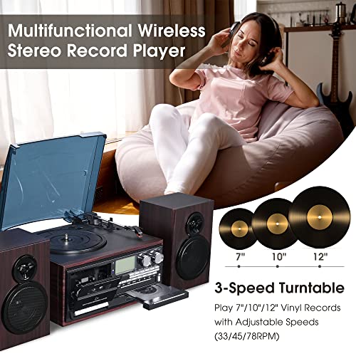 Aw Classic Bluetooth Record Player System With 2 Speakers 3-Speed Stereo Turntable System Cd/Cassette Player Am/Fm For Gift #TOP1