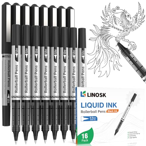 LINOSK Black Gel Pens 16-Pack 0.5mm Fine Point Rollerball Pens with Quick-Drying Ink Smooth Writing for School Office Note Taking & Sketching