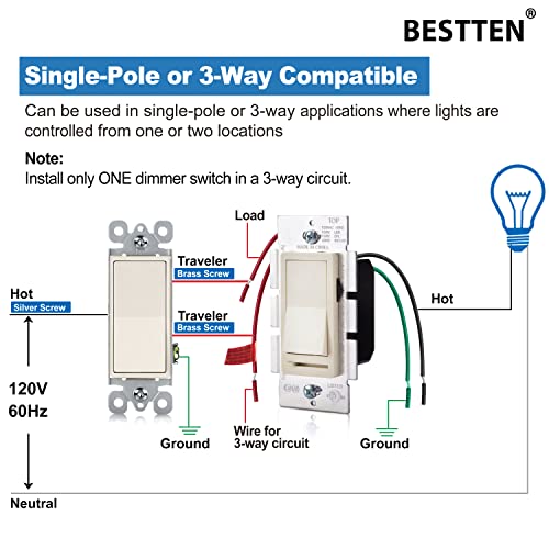 Image of BESTTEN 6 Pack Dimmer Wall Light Switch, Compatible with Dimmable LED, CFL, Incandescent and Halogen Bulb, Single Pole or 3-Way Dimmer Switches, 120VAC, Decorator Wallplate Included, Almond