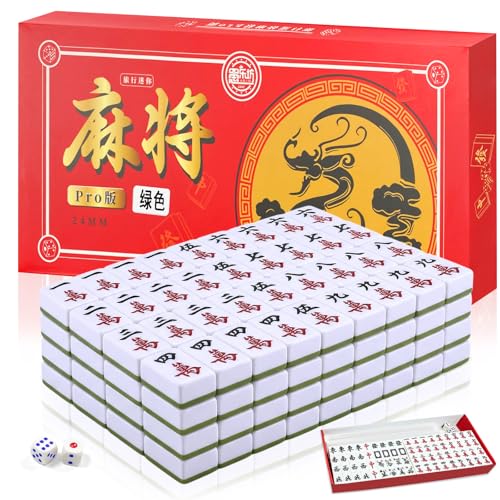 Klerbesh Mini Mahjong Set 24mm Portable Chinese Mahjong Board Game with 144 Tiles mit 4 Legeschienen Includes 2 Dice Asiatische Kultur for Family Travel Tabletop Game Board Game