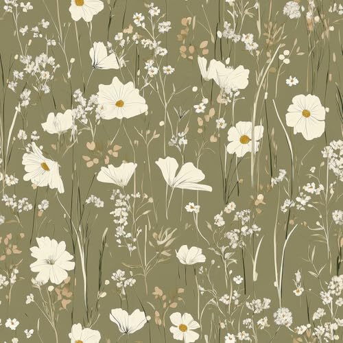 FunStick Papel Pintado Flores Pequeñas Pared Dormitorio Baño Papel Pintado Autoadhesivo Verde Oliva Vinilo Adhesivo Pared Habitación Flores Botánico Hojas Vinilos para Muebles Cocina Verde 44.5CMx3M