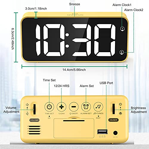 HERMIC Reloj Despertador Digital, LED Despertador con Cable USB, 0-100% Atenuador de Brillo, Pantalla Digital Clara Grande, Snooze, 12 / 24H, Alarmas Duales, Volumen Ajustable, Incluye Adaptador