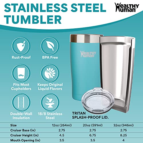 Healthy Human Stainless Steel Tumbler with Straw & Lid | Splash Proof Insulated Travel Cup | Eco-Friendly Coffee Tumblers | Water Cups with Straws Cleaner and Splash Proof Lids (32oz, Glacier)