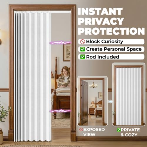 Image of AJAZZ Blackout Magnetic Door Curtain with Curtain Rods Adjustable 28-52 inch Long Accordion Door Closet Door Curtain Invisible Applicable Bedroom Room Living Room Doorway (1 Pack, 52 W x 78 L, White)