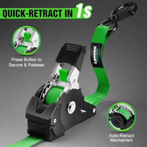 Image of Retractable Ratchet Straps (4-Pack) - 1 Inch x 10 Feet (1,650lb Break Strength) - Heavy Duty Auto Self Retracting Tie Down Straps for Motorcycle, ATV, UTV, Truck, Cargo Trailer - Green