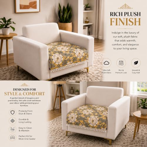 Image of Homerz Premium Printed Quilted Velvet Sofa Slip Cover Protector with Tassels, Sofa Mat, Exact Size, Antislip Cover (Antique Garden, 1 Seater, Half)