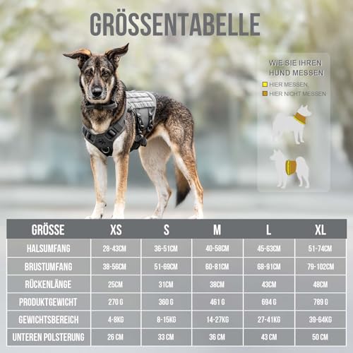 OneTigris Hundegeschirr Grosse Hunde, AIRE MESH Taktisches Anti Zug Geschirr mit 2 Griff Verstellbar Brustgeschirr No Pull Dog Harness Atmungsaktiv Grau XL