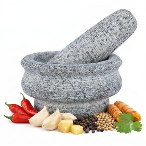 Image of Nakshathra Stone Mortar and Pestle for Kitchen, Handcrafted Heavy Kharal Musal, Traditiaonal Grinder for Crushing Spices, Garlic, Ginger, Herbs, Ideal Khalbatta for Daily Use (6 inch /15.24 cm)
