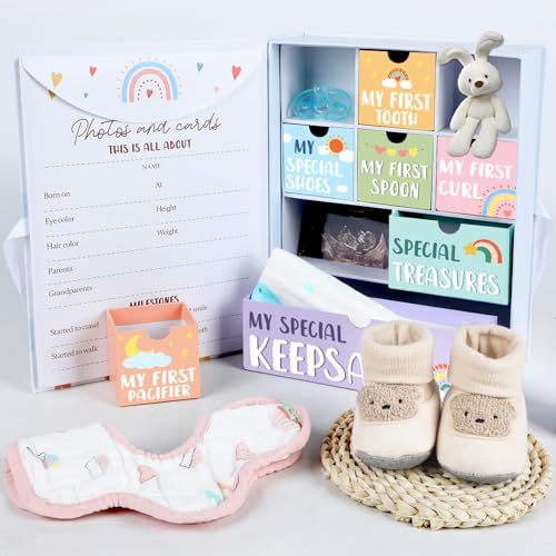 Image of Baby Keepsake Box Memory Organizer Boxes with 9 Labeled Compartments Boho Rainbow Baby Memory Book Baby's First 5 Years Storage Box for Boy Girl Gender Neutral Baby Shower Gifts for Mom Pregnancy