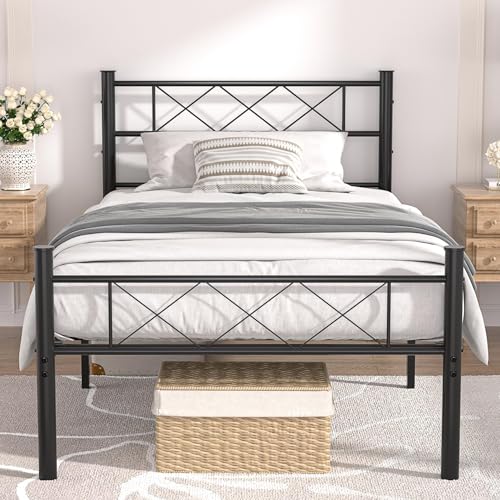 VECELO Telaio per letto 90 x 190 cm, letto singolo in metallo, non serve rete, montaggio semplice, grande spazio in listelli, nero