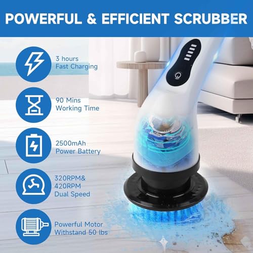 Image of Electric Spin Scrubber, Rotating & Cordless Cleaning Brush with 9 Replaceable Brush Heads and Adjustable Extension Handle. Dual Speed Power, IPX7 Waterproof for Bathroom, Kitchen, Tile, Floor & Car.