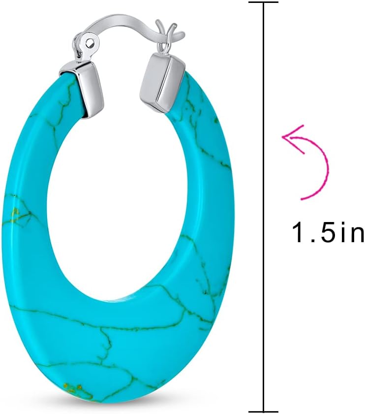 Wide Flat Black Blue Turquoise Gemstone Large Oval Hoop Earrings For Women Teen .925 Sterling Silver More Colors 1.5 Inch Diameter