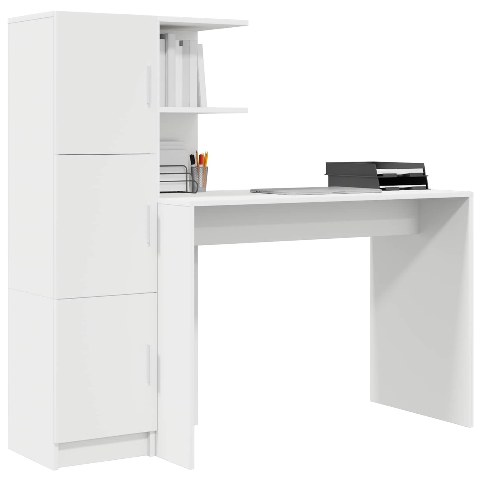 Schreibtisch Set 2er Weiß, Schreibtischplatte aus Holzwerkstoff, 133,5 x 50 x 124 cm, mit Highboard und Scharniertüren, für Homeoffice Büro Ordnung