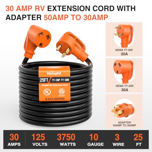 Image of Nilight 50FT 30 Amp RV Extension Cord with Adapter 50Amp to 30Amp 125V Heavy Duty 10 /3 Gauge Pure Copper STW Wire UL ETL Listed 3 Prong TT-30P TT-30R Weatherproof Suit for Generators Campers