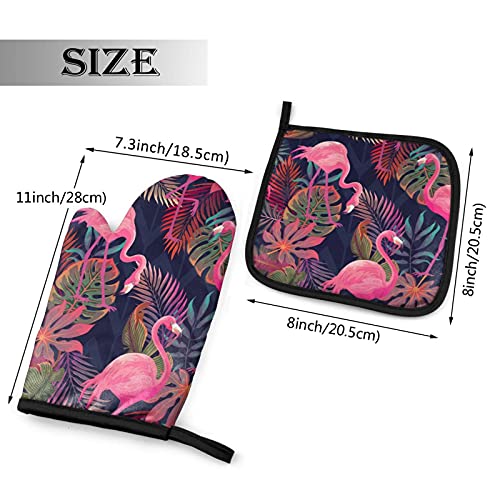 Perinsto Pink Flamingos Tropical Palm Leaves Oven Mitts & Pot Holders Kitchen Set Heat Resistant Decorative Cooking Gloves Microwave Oven Gloves For Baking Grilling Bbq #TOP1