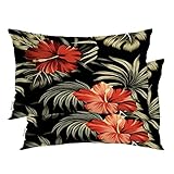 BaoNews Red Luxurious Tropical Plants Throw Pillow Covers,Golden Leaves Elegant Hibiscus Floral Cush