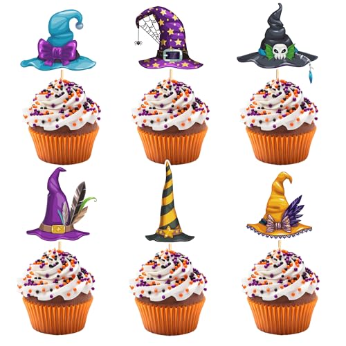 Arthsdite 24Pcs Witch Hat Cupcake Toppers Halloween Party Decorations Halloween Witch Hat Theme Cupcake Decorations for Birthday Party Baby Shower Supplies