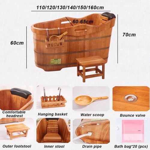 TT-YEC Badewanne Aus Massivem Holz, Badewanne Aus Holz Mit Kopfstütze, Sitzbank Und Wasserventil, Badewanne Mit Wasserschöpfer, Traditionelles Japanisches Einzelbadewannenset Aus Eiche,L150cm – Bild 7