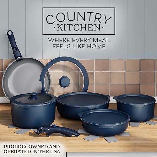 Image of Country Kitchen Cookware Set with Removable Handle, Oven & RV Safe Pots and Pans Set, Denim, Original