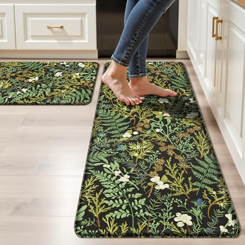 Black Green Botanical Kitchen Rugs Set of 2 Plant Leaf