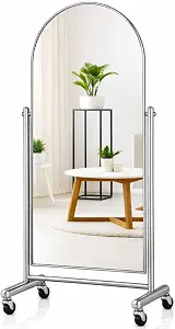 Arched Full Length Rolling Mirror on Wheels, 65"L x 24"W, Modern Tilting Swivel Mirror with Tempered Glass & Metal Frame