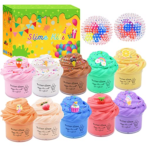 Butter Slime Kit 12 Pack, Including 2 Pack Stress Relief Balls, Unicorn, ice Cream, Animal and Fruit Slime Accessories, Stretchy and Non-Sticky, For Educational Stress Relief Slime Toys for Girls Boys