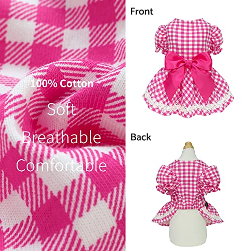 Fitwarm Gingham Dog Dress With Puff Sleeve, Plaid Summer Dog Clothes For Small Dogs Girl, Pet Cat Outfit, Hot Pink, Size Small #TOP4
