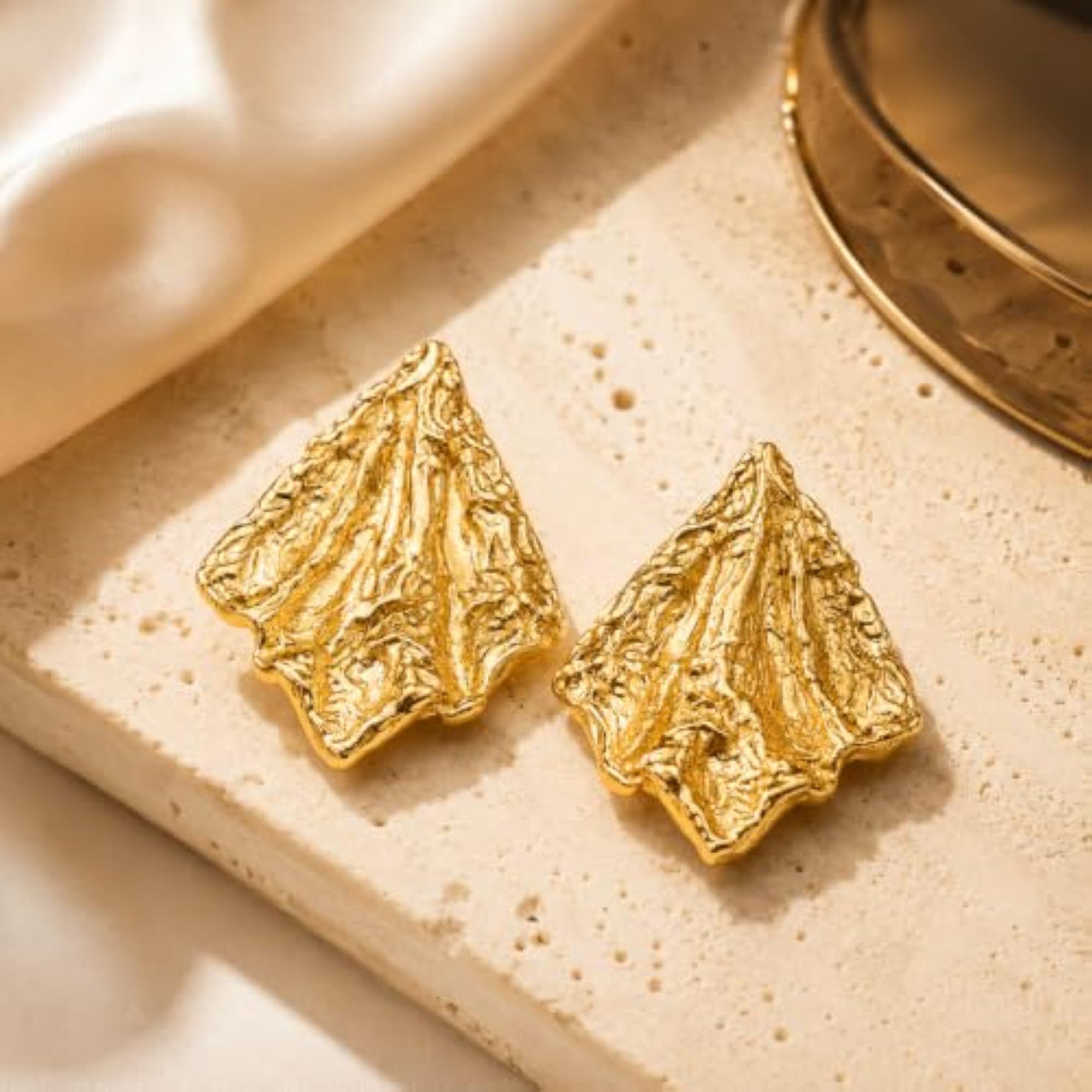 18K Gold Plated Textured Stud Earrings for Women, Lightweight