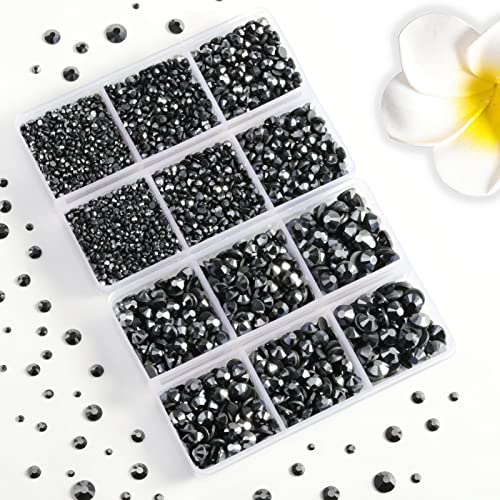 Image of 6736pcs Hotfix Rhinestones Flatback,Jet Hematite Rhinestones for Crafts Clothes Mixed 5 Sizes, Hotfix Crystals with Tweezers and Wax Pencil Kit, SS6-SS30, Jet Hematite