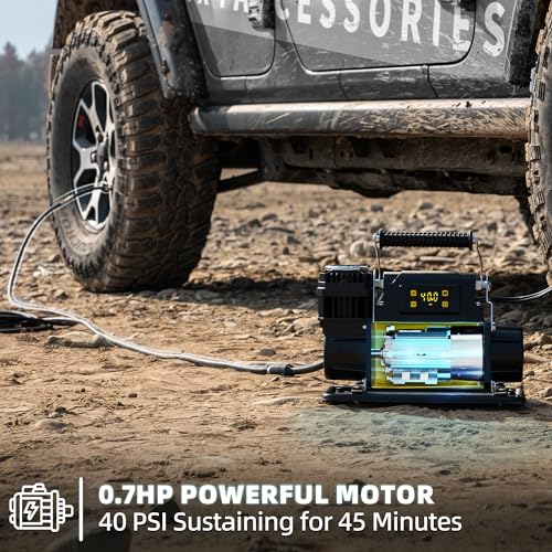 Image of SAMOUT 12V Digital Air Compressor, Offroad Portable Inflator 7.06 CFM, Air Pump Max 150PSI for Heavy-Duty Tires, with LCD Control Panel to Preset Target Pressure, 4x4 Vehicle, SUV, RV