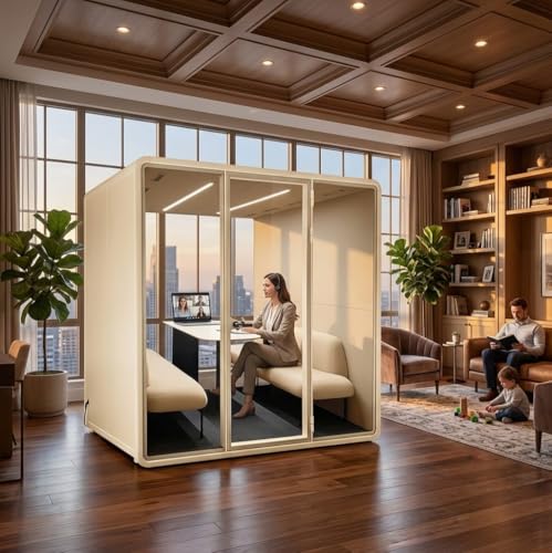 Soundproof Office Pod Booth, 4 Person Acoustic Privacy Workspace, Modular Meeting Room, LED Lighting, Ventilation, Aluminum Frame, 92x91x71 in