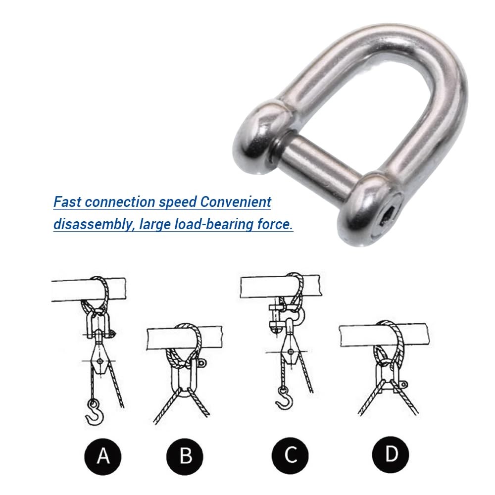 5 Pièces D-Shackles Type D M10 À Goujon Hex Encastré, Capacité De Charge Max 640 Kg, Acier Inoxydable 304 Robuste pour Chaînes Sangles Remorquage