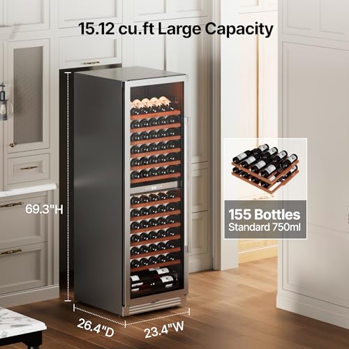 Image of Ca'Lefort 24 Inch Wine Fridge - 155 Bottle Wine Cooler Refrigerator | 69-Inch Tall Wine Cellar, Quiet Inverter Compressor, 40-65F Temperature Control, Display Shelf, Glide-Out Shelves & Drawer