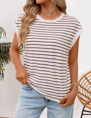 Image of ZESICA Women's Summer Trendy Knit Top 2026 Floral Print Short Sleeve Crewneck Loose Fit Sweater Vest Going Out Clothes