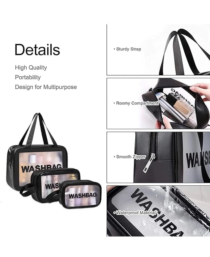 Image of Makeup Pouch Bag PVC Travel Toiletries Organizer Cosmetic Bags Wash Bag Pouch for Travel Kit Toiletry Bag Portable Organizer Case Carry Pouch for Women Bathroom Set of 3 (Black)