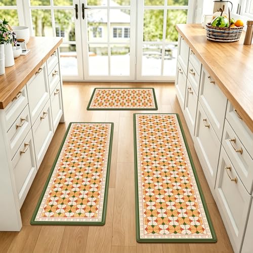 Vintage Geometric Kitchen Rug Sets of 3, Non-Slip Anti-Fatigue Floor Mats