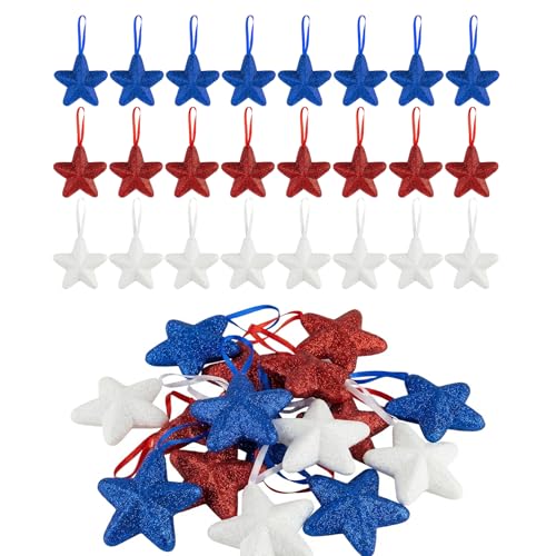 4th of July Star Hanging Decorations 24 Pack Red White Blue Foam Stars Lightweight Patriotic Hanging Ornaments for Independence Day Party Veteran Day Home Decor
