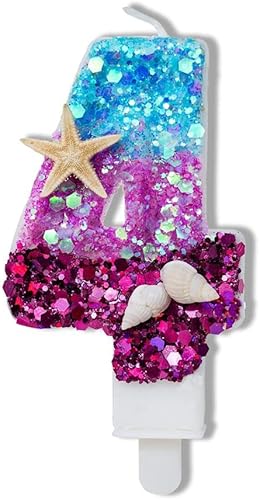 Vela número 4, vela de cumpleaños azul y morado para usar como parte de una fiesta bajo el mar o sirena