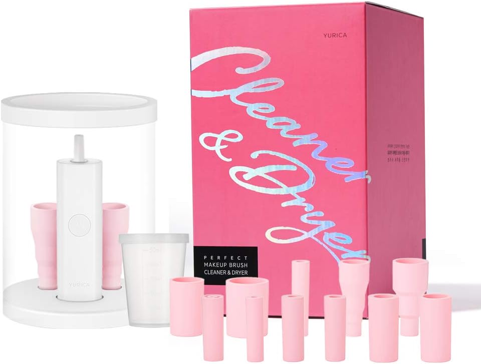 YURICA Perfect Makeup Brush Cleaner and Dryer - Automatic Makeup Brush Cleaning and Drying Spinner Machine with 11 Size Rubber Holders, Vessel and Stand. 2 in 1 Solution.