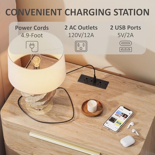Image of Nightstands Set of 2, Bedside Table with 3 Storage Drawers, 24 inch Tall Wood Night Stand with Charging Station, Modern Wide End Table Side Table W /Metal Handle Curved Profile for Bedroom