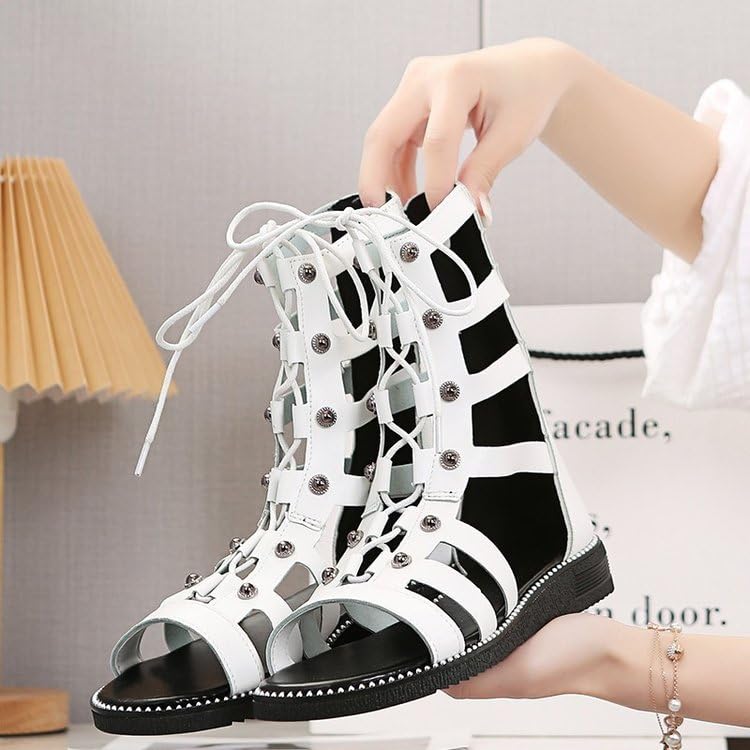 Ladies' Flat Sandals - Hollowed-out Solid Color Design, Casual Open-toe Lace-up, Ankle Strap, Summer Comfort, Zipper, Large Size3