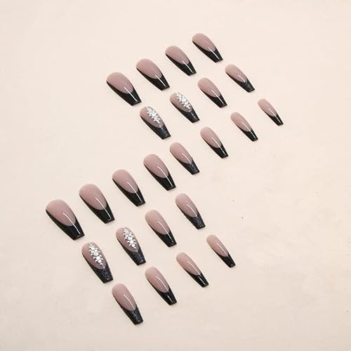 Diduikalor Press On Nails Long Black French Tip Fake Nails Full Cover Nude Acrylic Coffin False Rhinestone Nails For Women 24Pcs #TOP2