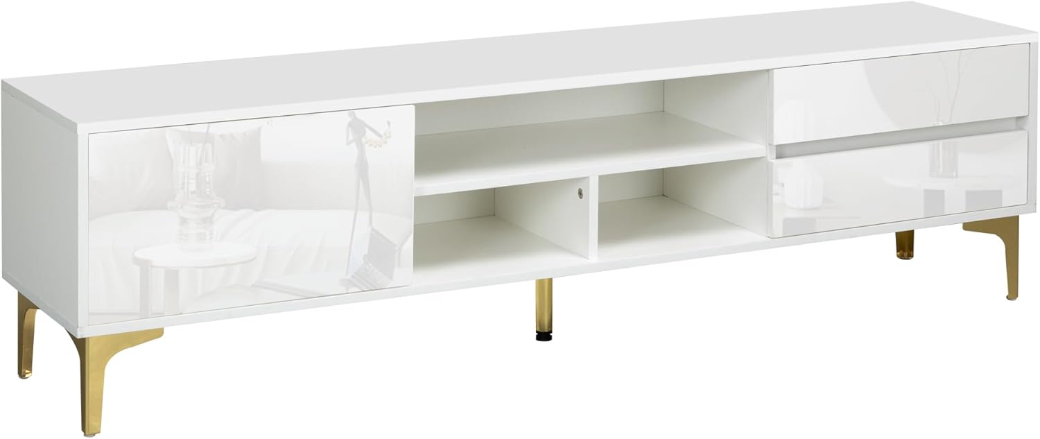 Modern Tv Stand with Led Remote Control Lights, Bloom Drawer Panel Gold Metal Legs White Entertainment Center for Living Room, Bedroom